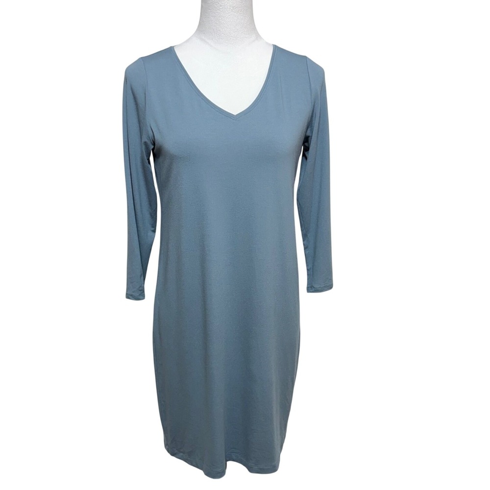 Eileen Fisher Dress Medium Petite Blue Knee Length Viscose Stretch Pullover